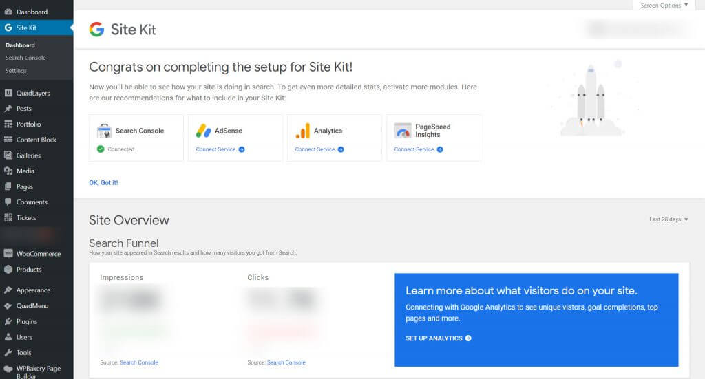 Google Site Kit WordPress — интерфейс панели инструментов
