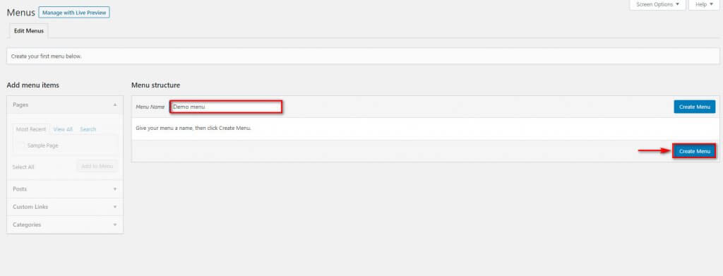 Como adicionar um mega menu no seu site WordPress - criar nome do menu