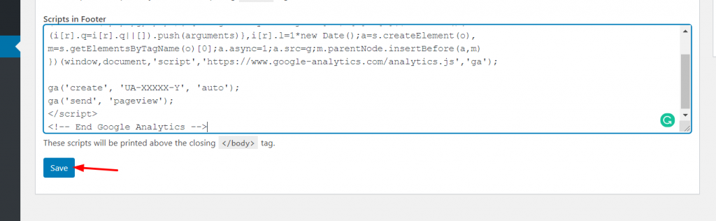 Editar rodapé do WordPress - código do Google Analytics