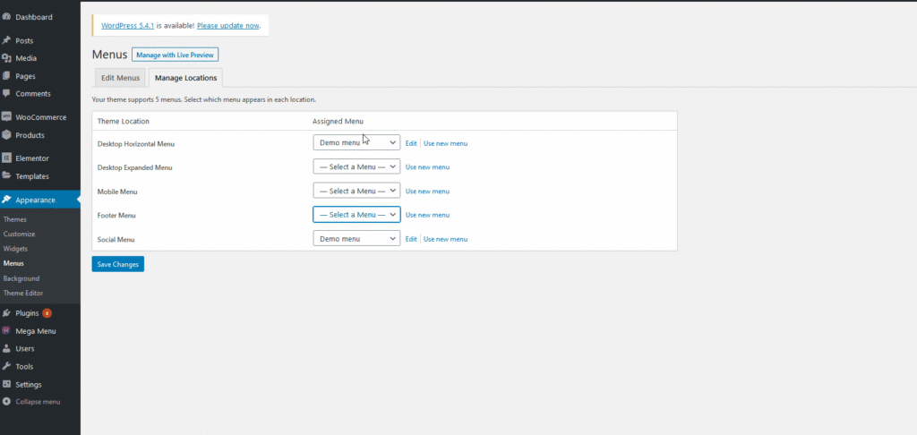 Menu mega intelligente per elementor - posizioni dei menu