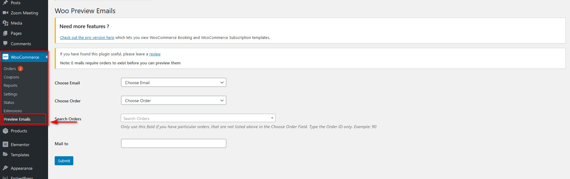 pruebe las plantillas de correo electrónico de woocommerce - interfaz de complemento