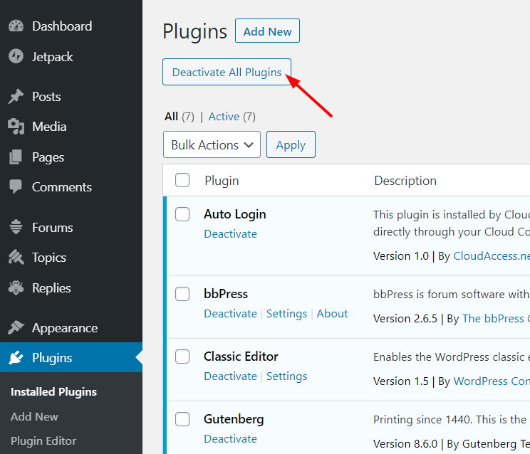 Nonaktifkan Plugin WordPress Secara Massal dengan plugin