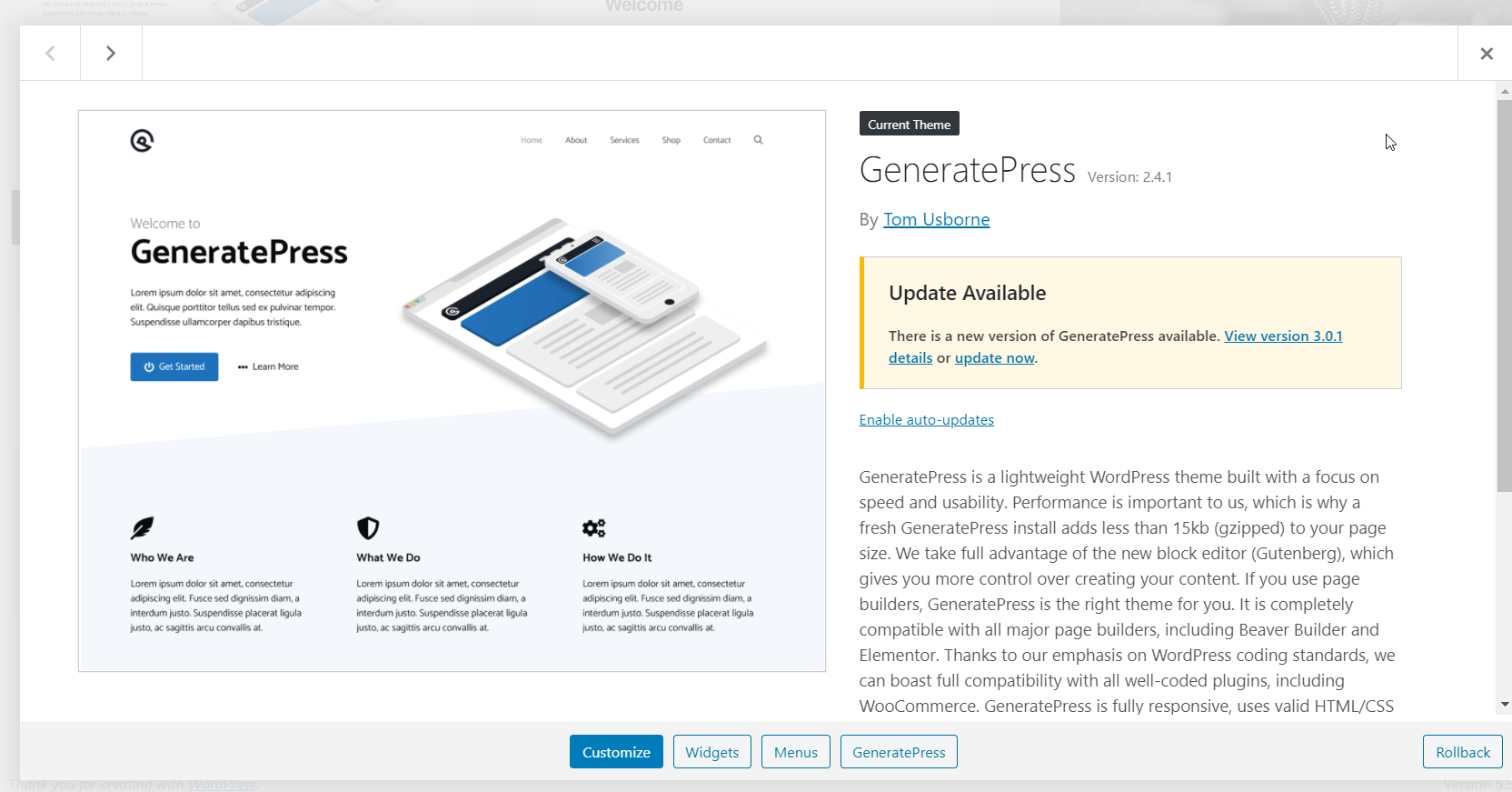วิธีดาวน์เกรดปลั๊กอินและธีมใน WordPress - GeneratePress downgraded