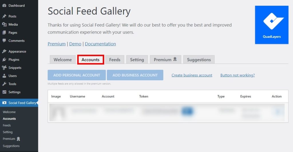 social feed gallery account modifica footer in storefront