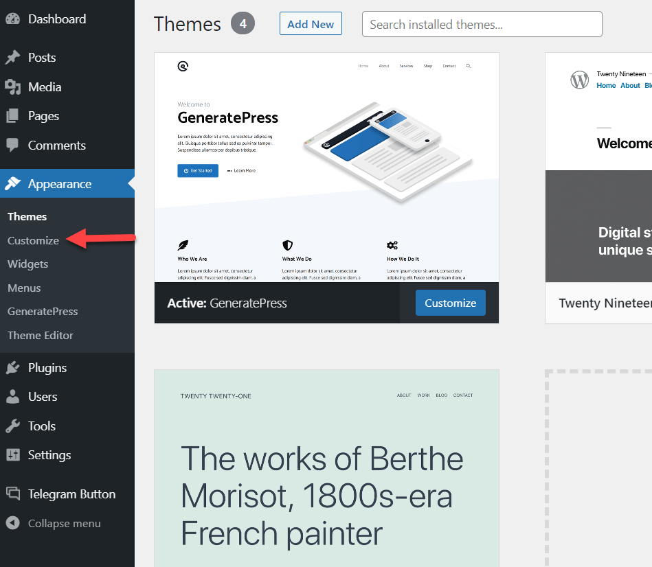 adăugați o pagină în meniul wordpress * deschideți personalizarea wordpress