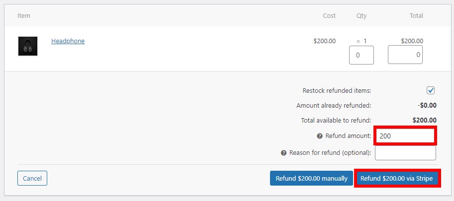 возврат через полосовые тестовые заказы woocommerce