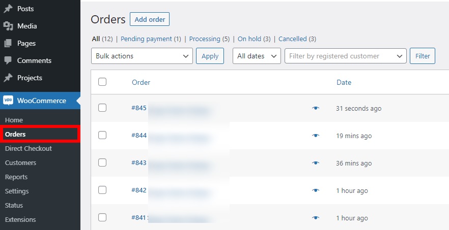страница заказа тестовых заказов woocommerce