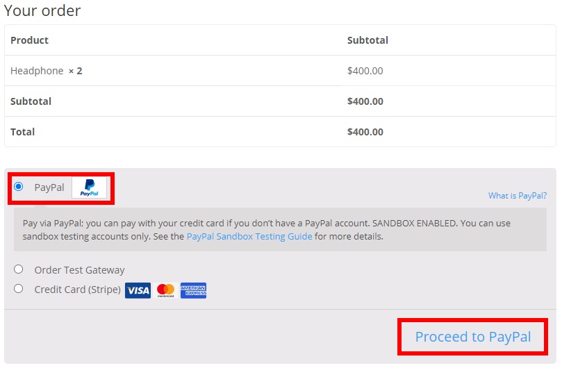 продолжить с PayPal тестовых заказов woocommerce