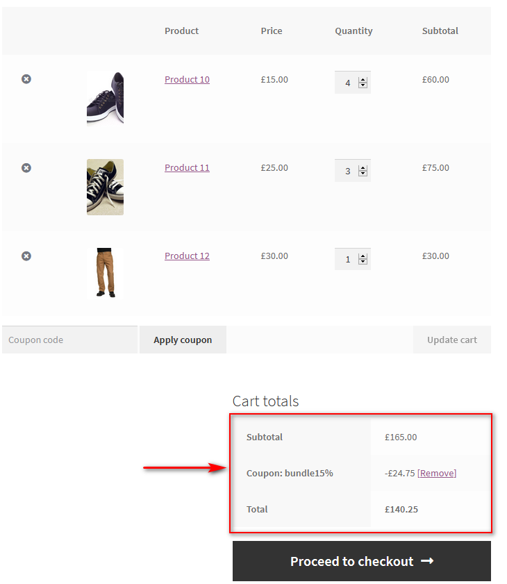 WooCommerce 中的產品包 - 優惠券購物車總數