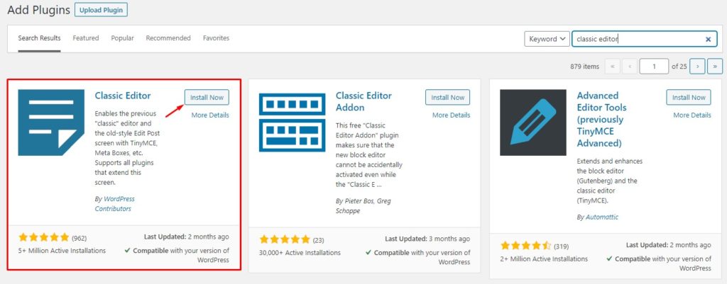 Instalar el editor clásico de WordPress