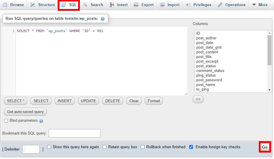 onglet sql transformer la publication en page