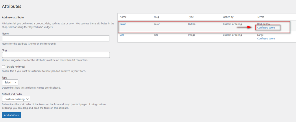 agregar variaciones de productos en woocommerce - atributos globales configurar términos