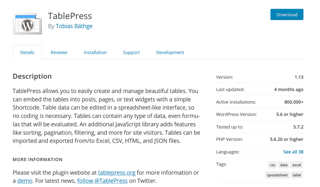 wordpress 的表格插件 - tablepress