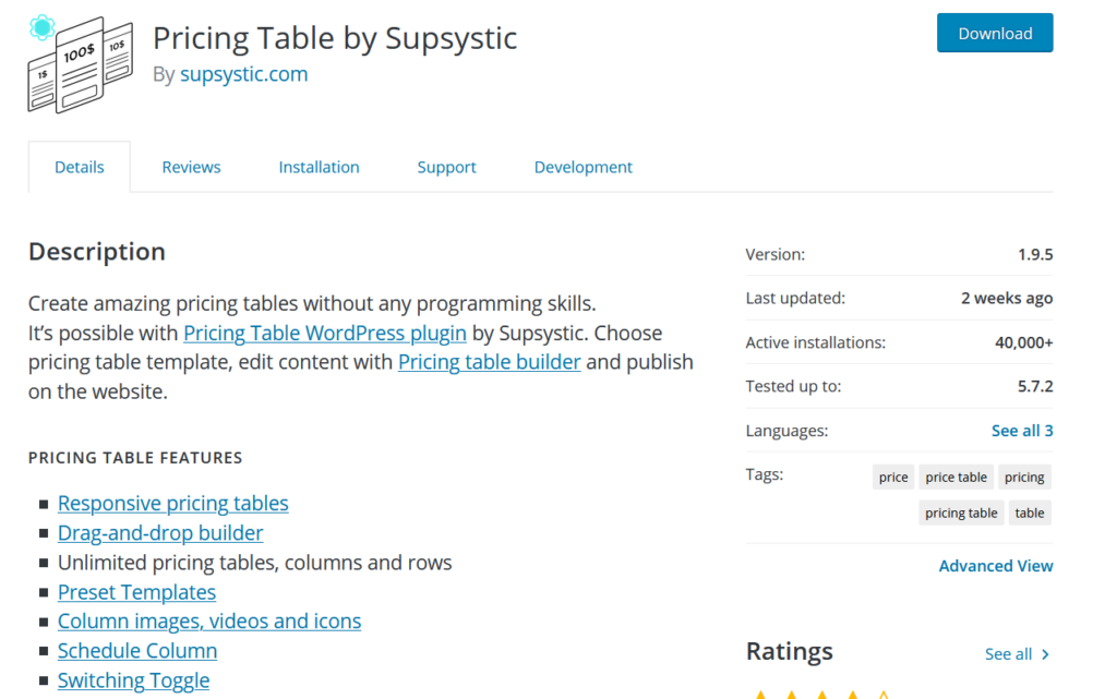 wordpress 的表格插件 - supsystic 的定价表
