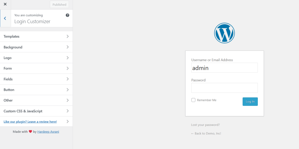 sesuaikan halaman login wordpress - pratinjau penyesuai login
