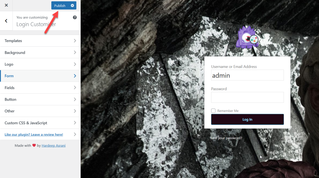sesuaikan halaman login wordpress - publikasikan pembaruan