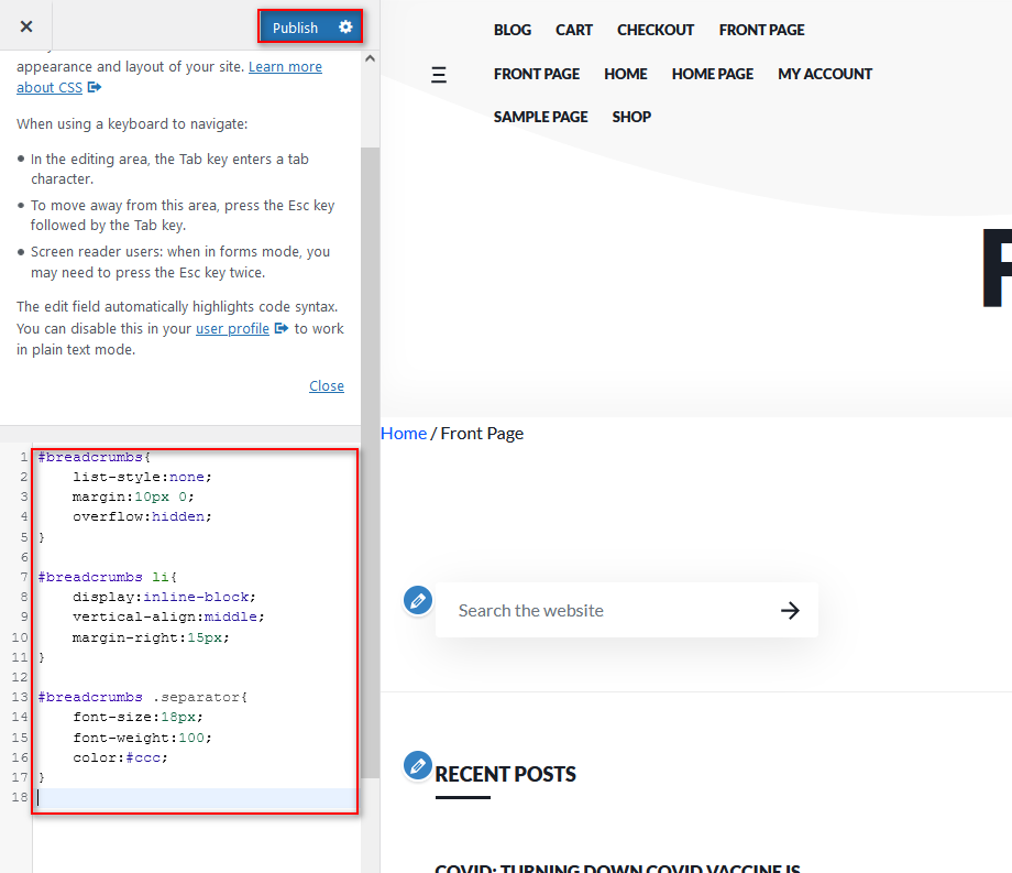 editar migas de pan en wordpress - agregar CSS