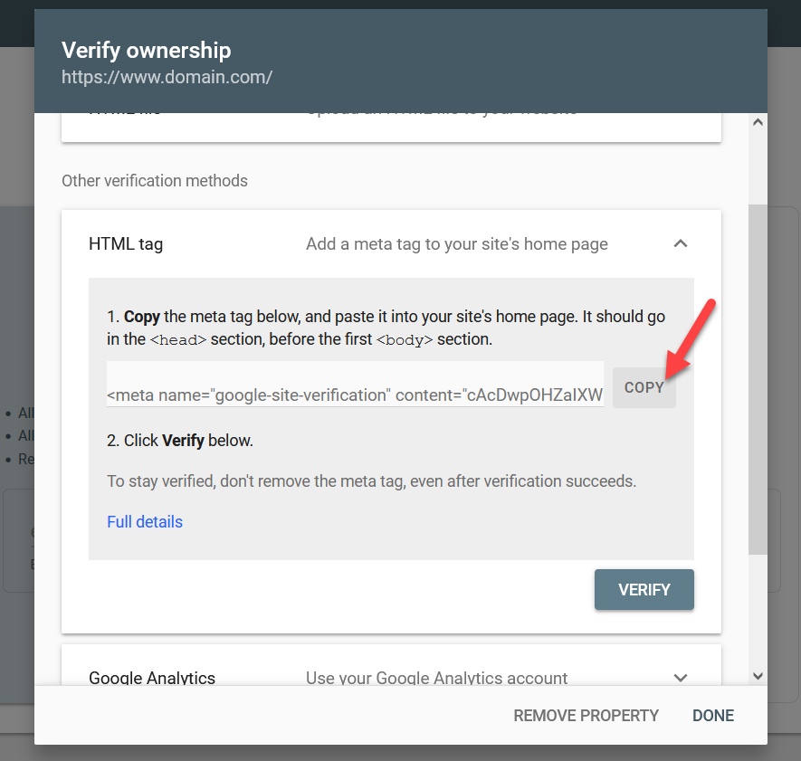 adăugați site WordPress la Google Search Console - copiați metaeticheta html