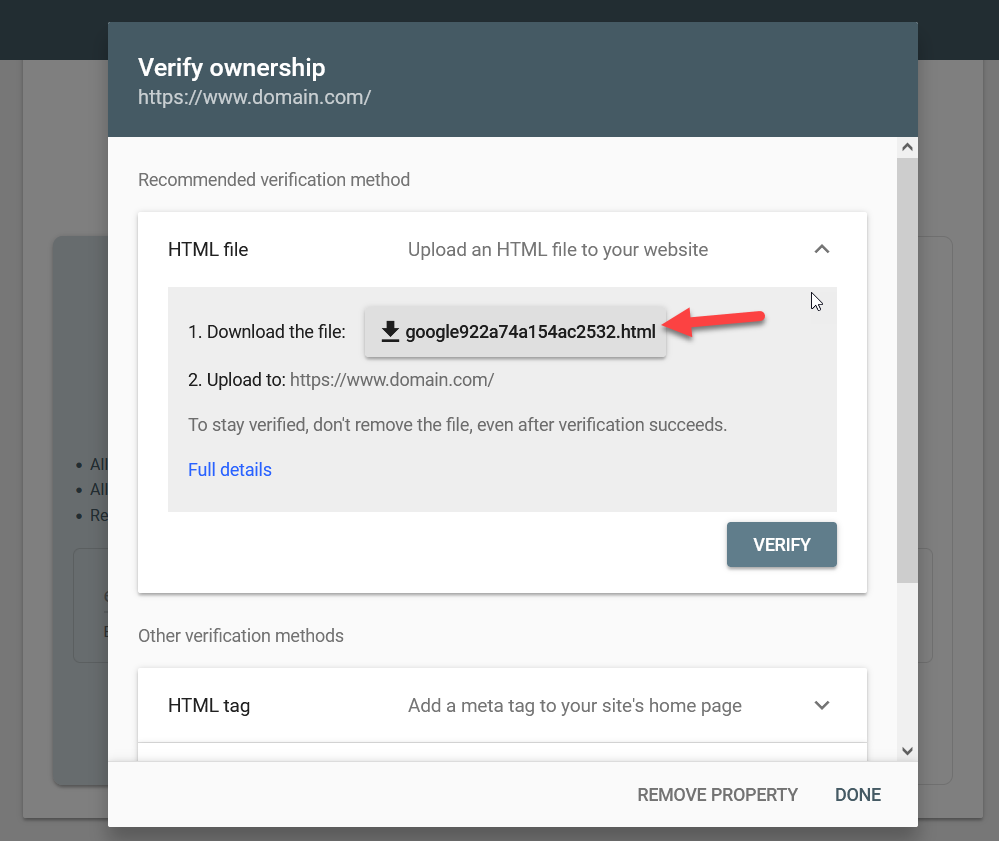 adăugați site WordPress la Google Search Console - verificare html