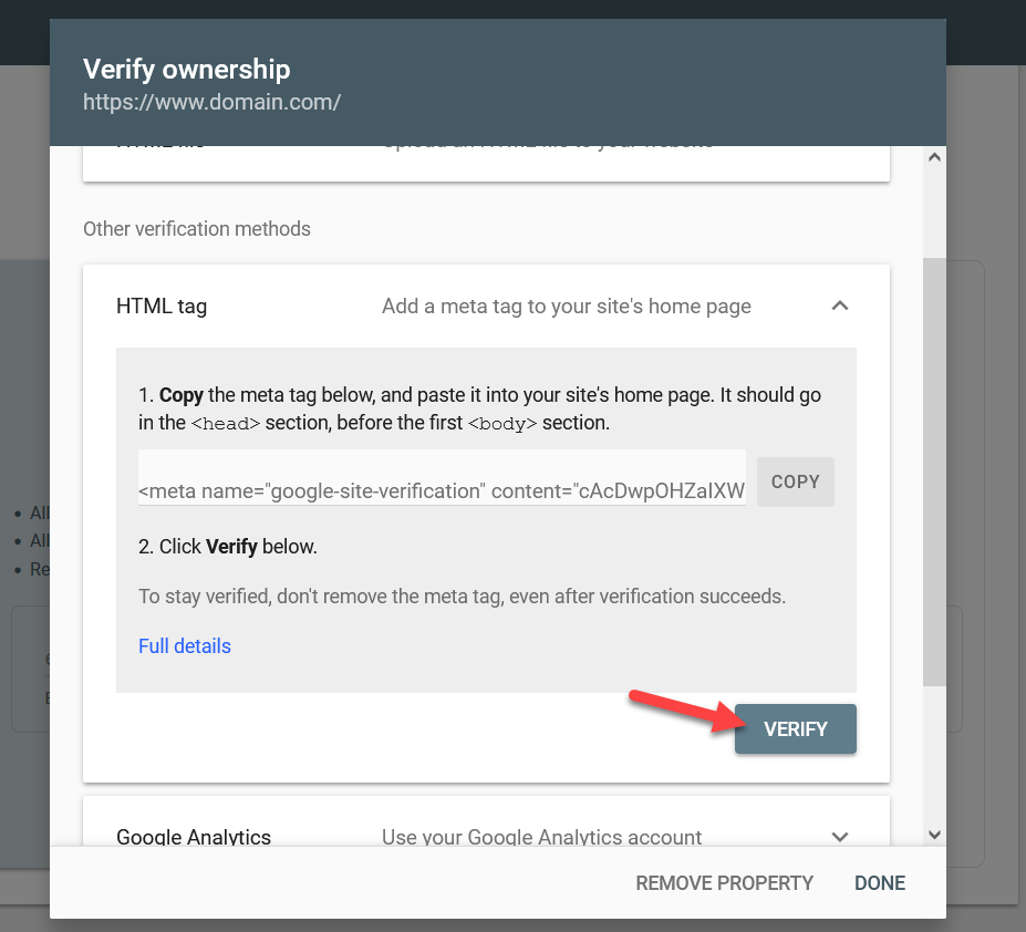 adăugați site WordPress la Google Search Console - verificați metoda etichetei html