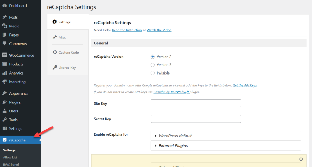 將驗證碼添加到 woocommerce 登錄 - 重新驗證設置