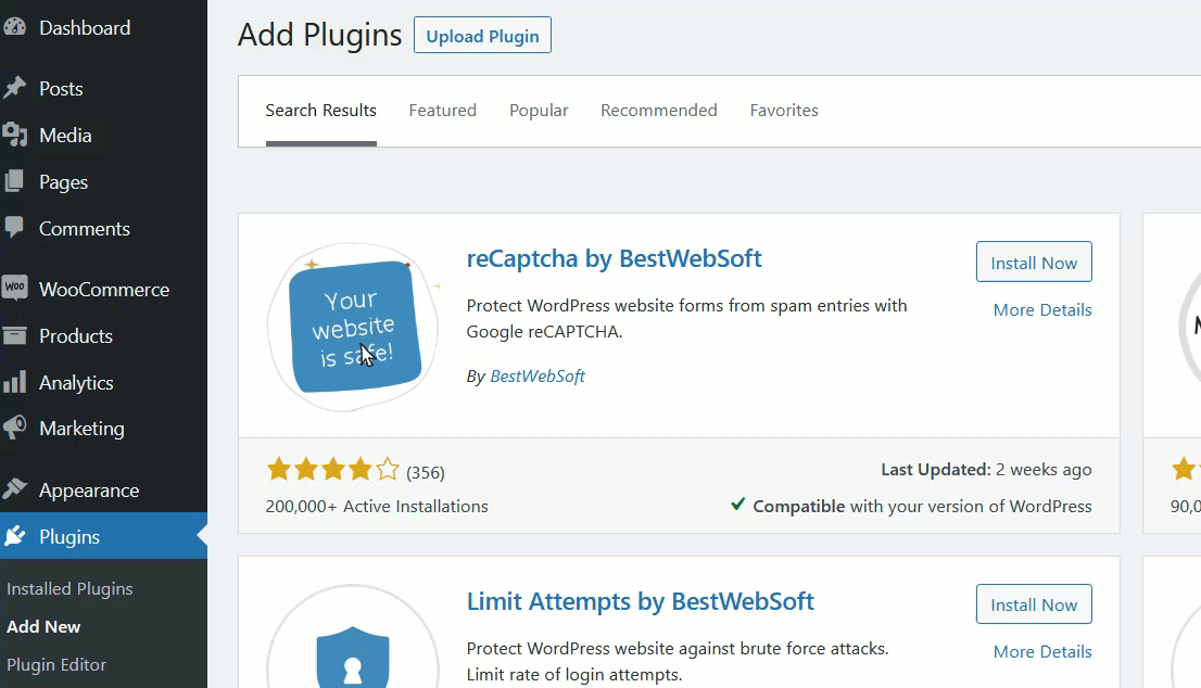 將驗證碼添加到 woocommerce 登錄 - 安裝 recaptcha 插件