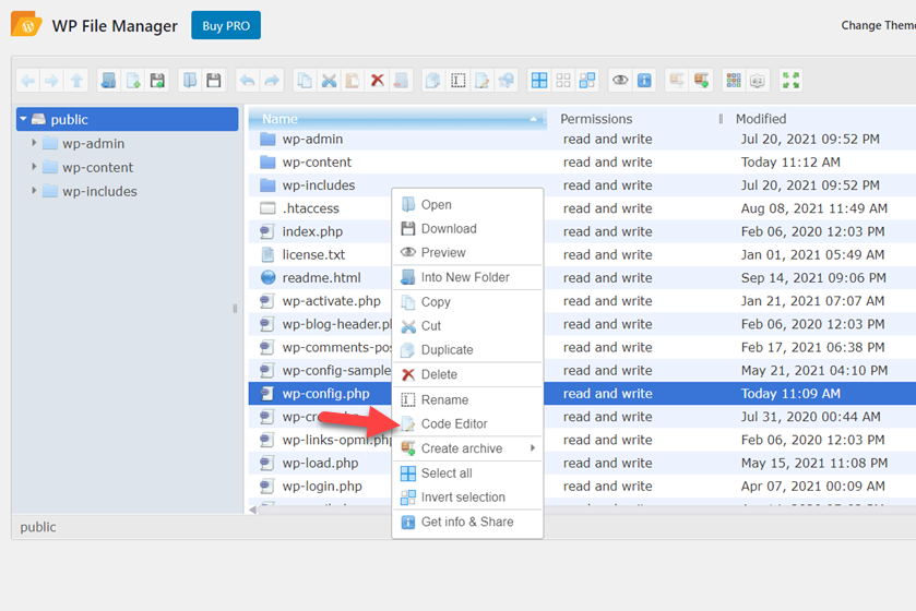 habilitar el modo de depuración de wordpress - editor de código del administrador de archivos