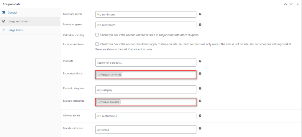 استبعاد منتج woocommerce من القسائم - قيود القسيمة