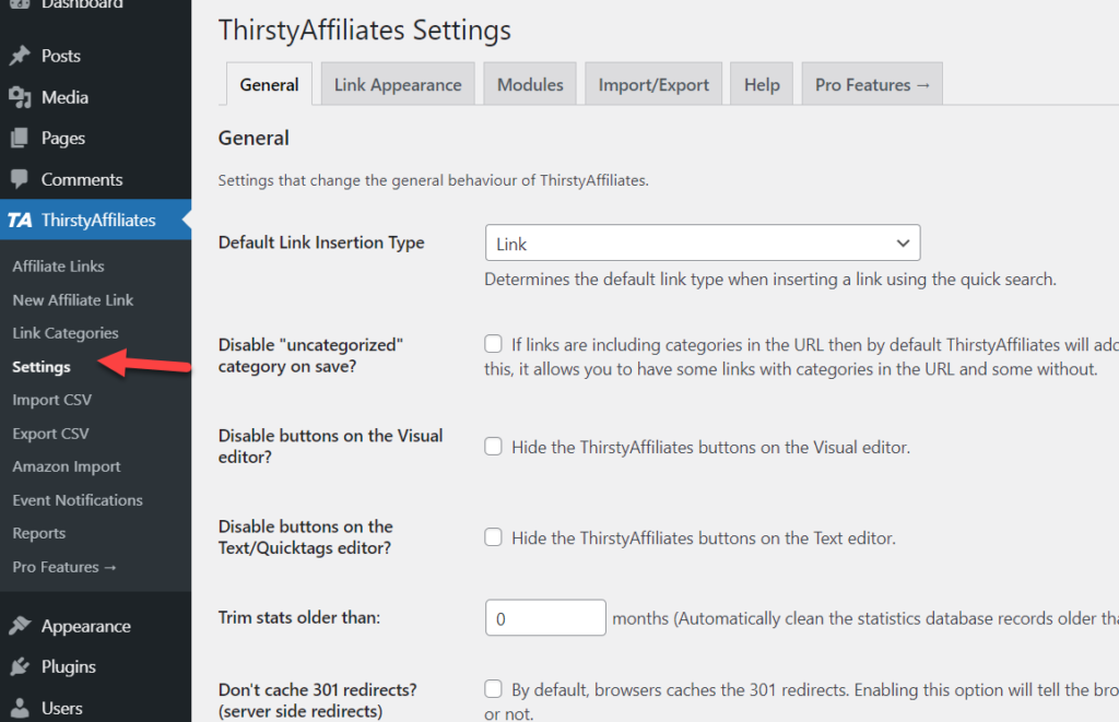 عباءة الروابط التابعة في WordPress - إعدادات البرنامج المساعد thirstyaffiliates