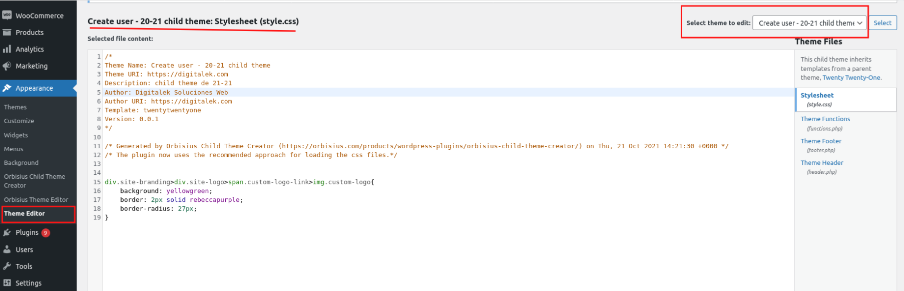 W tym kod CSS bezpośrednio w plikach motywu potomnego