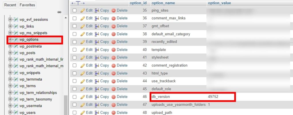 versi db memperbarui basis data wordpress