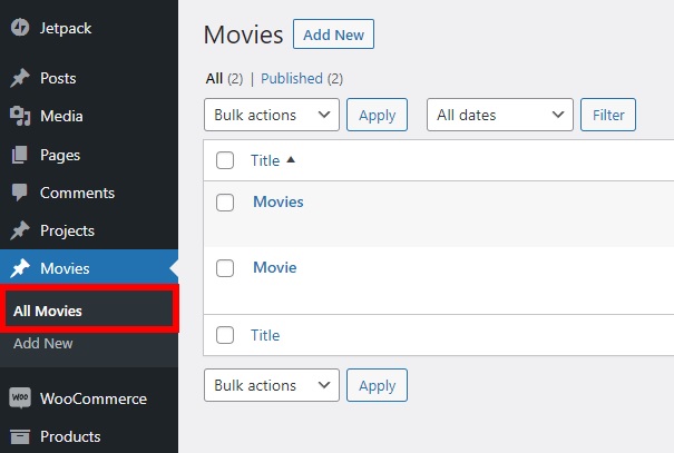 Movies Dashbaord создает пользовательские типы записей WordPress