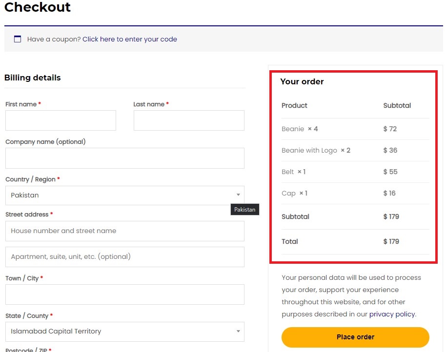 默認 WooCommerce 結帳頁面