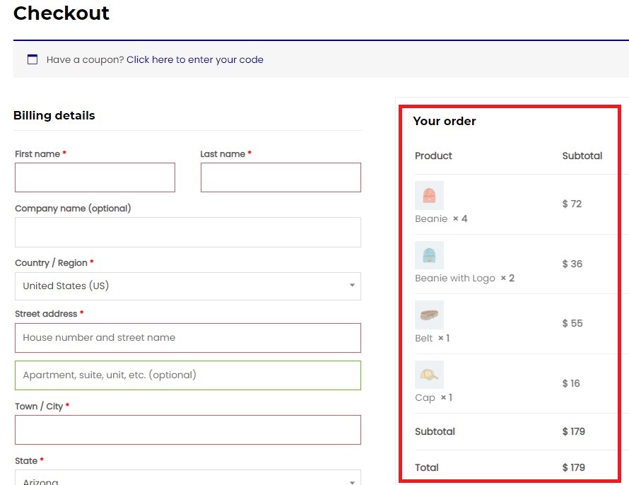 WooCommerce 結帳頁面，產品圖片位於單獨的行上