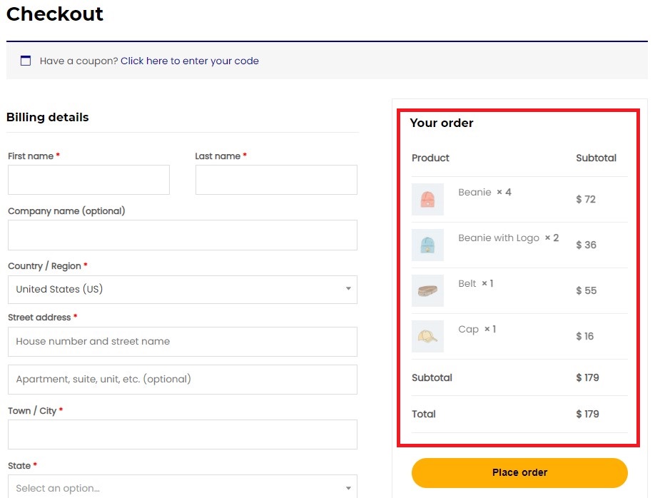 帶有內嵌產品圖像的 WooCommerce 結帳頁面