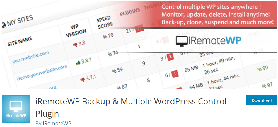 iRemoteWP 백업 및 여러 WordPress 제어 플러그인