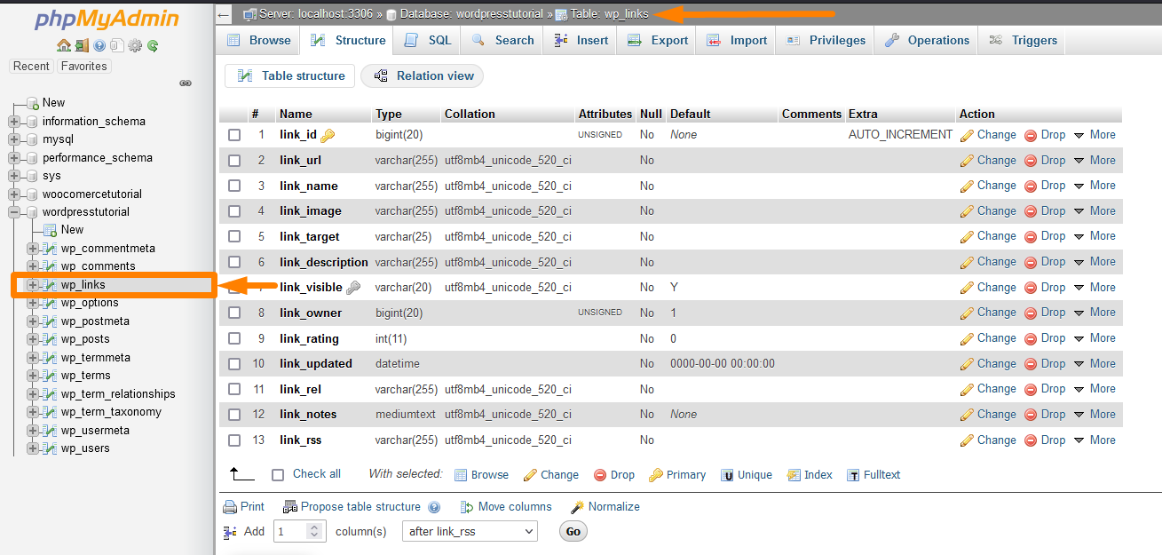 Standard-WordPress-Datenbanktabellen wp_links