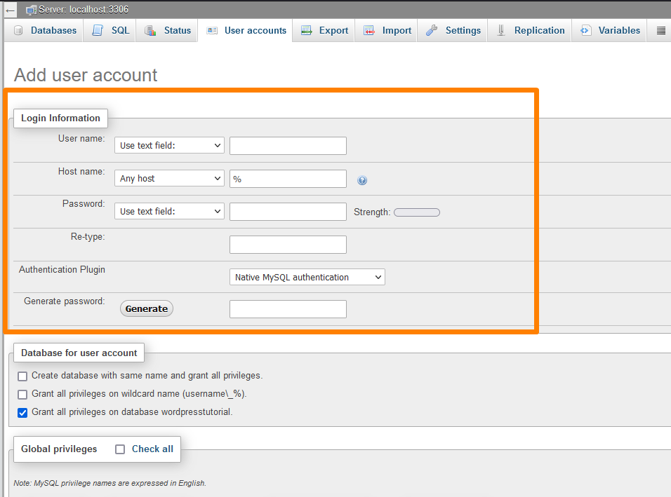 Erstellen Sie einen WordPress-Datenbankbenutzer - PhpMyAdmin-Berechtigungsmenü Link zum Benutzerkonto hinzufügen