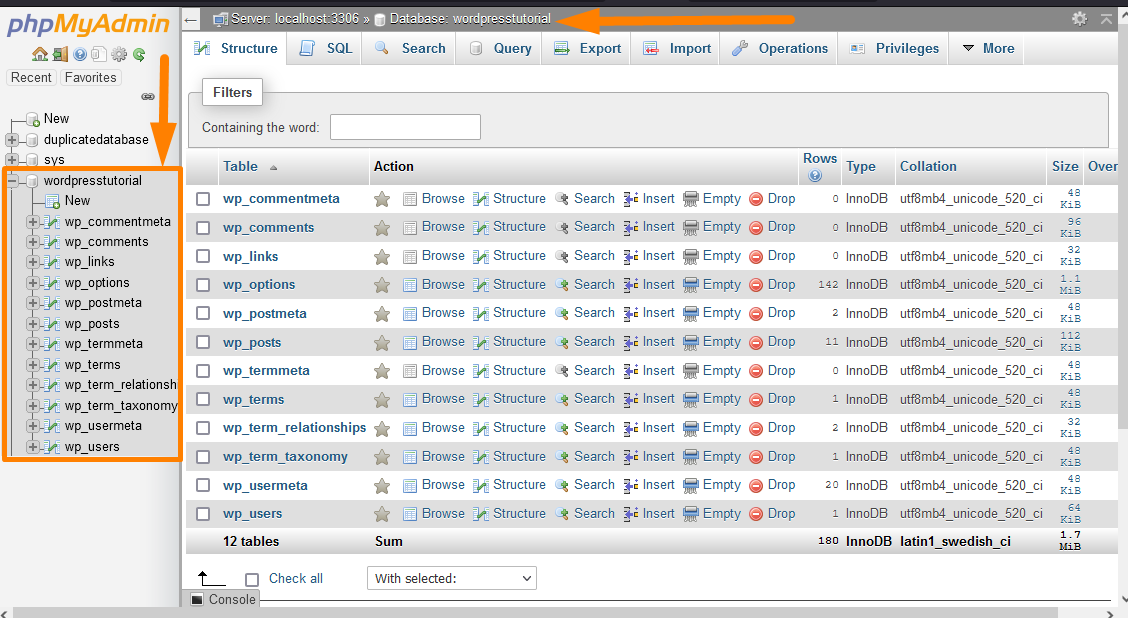 Wählen Sie WordPress-Datenbank PHPMyAdmin WordPress-Tutorial-Datenbank