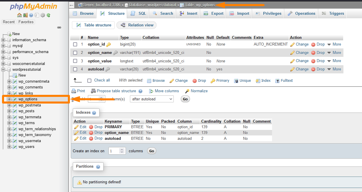 Standard-WordPress-Datenbanktabellen wp_options