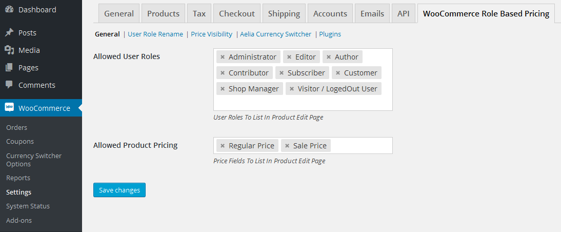 التسعير المستند إلى الدور woocommerce