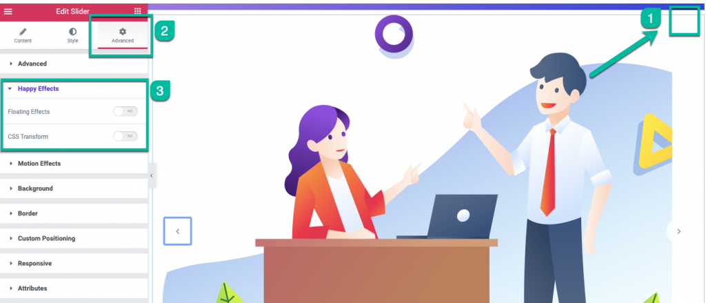 Cum să flotați elemente în Elementor fără codare CSS 5 Selecting happy effects with Happy Addons