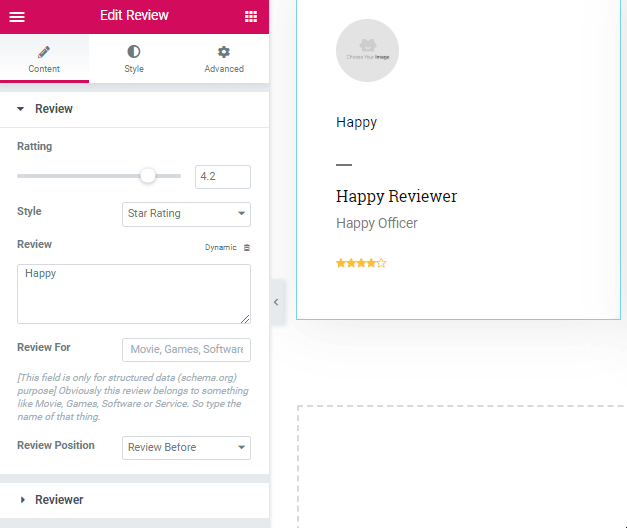 Elementor7で顧客のレビューを紹介するトレンドデザインを作成する edit reviewer information from the section
