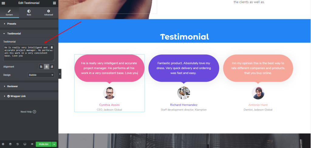 Elementorを使用して個人用Webサイトを構築し、簡単にプロフェッショナルな外観にする方法11 Editing Testimonial section