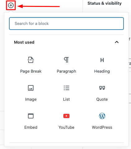 WordPress Gutenbergエディター:初心者向けの究極のユーザーガイド3 search for block