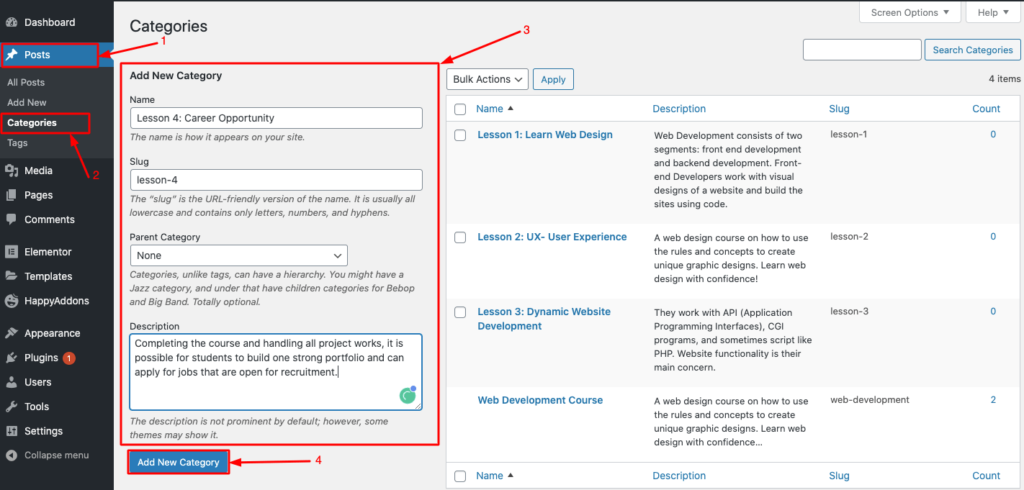 Cum să creați un site web de curs online în WordPress utilizând Elementor (Tutorial și Ghid de planificare prealabilă) 13 Set the categories of your course