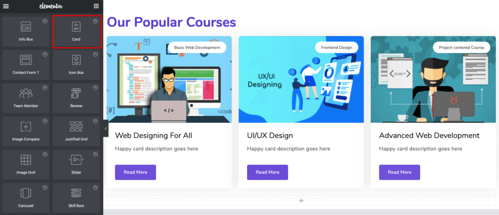 Cum să creezi un site web de curs online în WordPress utilizând Elementor (tutorial și ghid de planificare prealabilă) 10 Add card widget to represent your popular courses in row