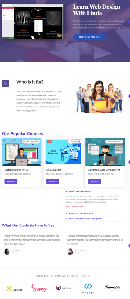 Cum să creezi un site web de curs online în WordPress utilizând Elementor (Tutorial și Ghid de planificare prealabilă) 24 A quick glimpse of the course page we will build today