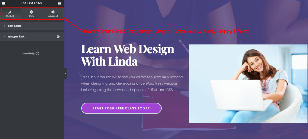 Cum să creezi un site web de curs online în WordPress utilizând Elementor (Tutorial și Ghid de planificare prealabilă) 7 Modify your block design from left editing panel