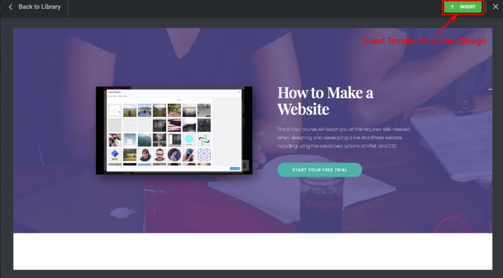 Cum să creați un site web de curs online în WordPress utilizând Elementor (Tutorial și Ghid de planificare prealabilă) 5 Insert pre-made template into your design